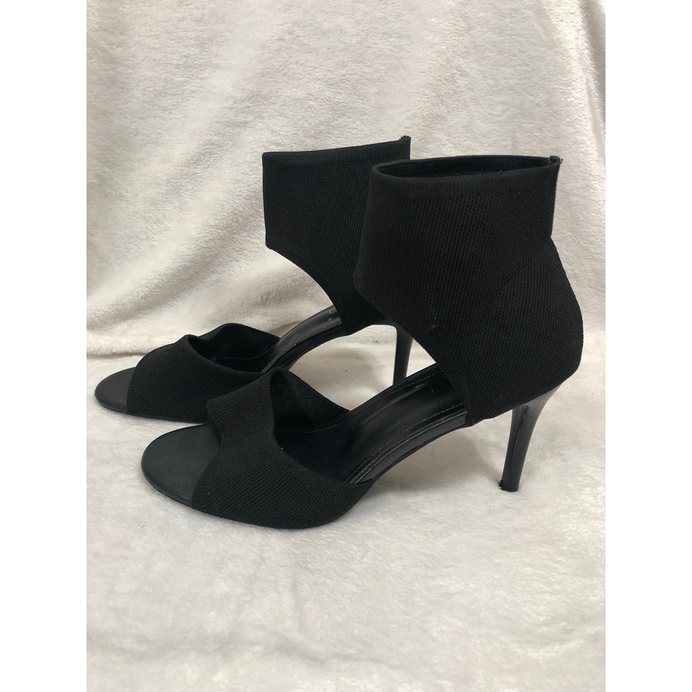 Newbella Stiletto Sandals Women 8 Black Knit Stretch Ankle Wrap Open Toe